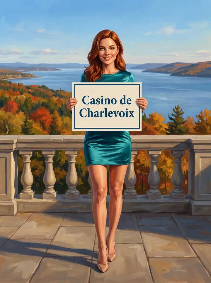 Une jeune femme tient une pancarte « Casino de Charlevoix »