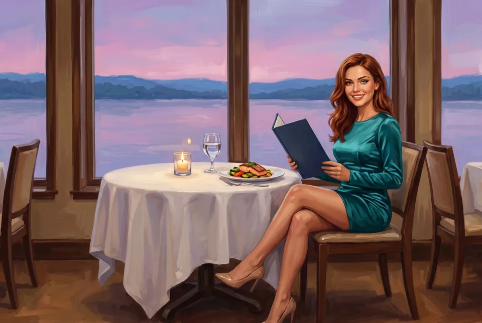 Une jeune femme à table devant le fleuve au crépuscule